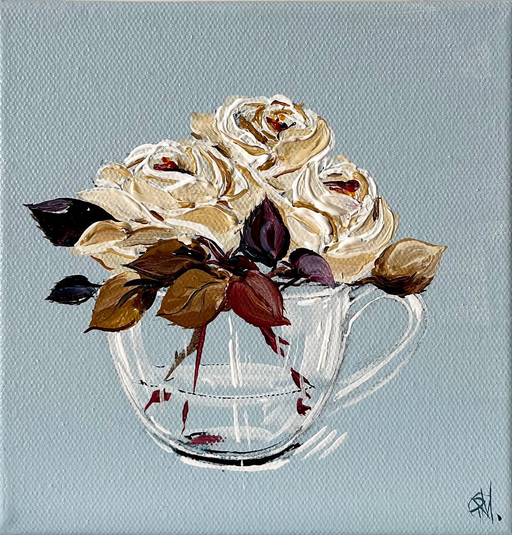 'Cream Roses & Cloudy Blue' #1740 roslynmary art.