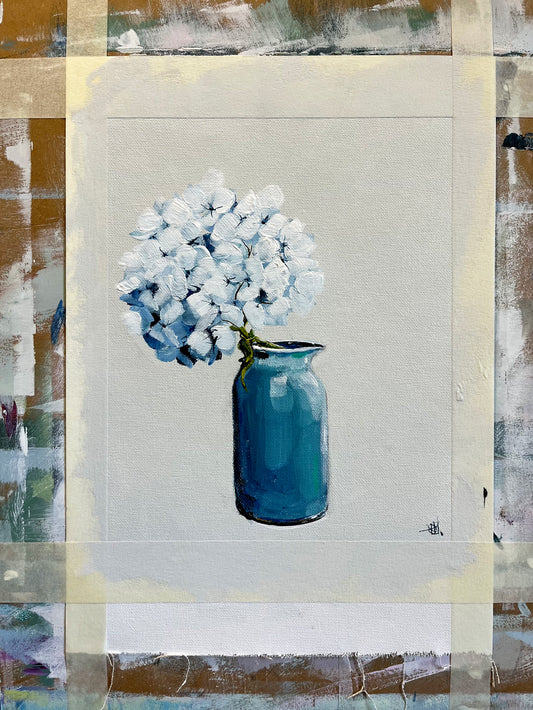 Painting of a blue vase with hydrangea flowers on a gray background