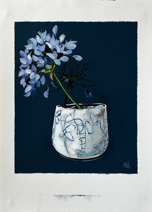 Painting of Blue Hydrangea in Ceramic Vase Painted in Acrylic on Cotton Canvas with Border