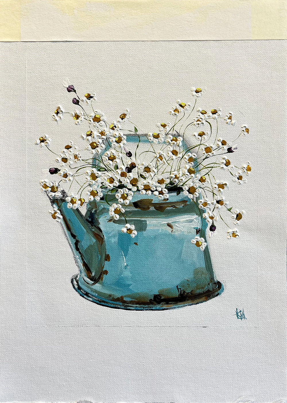 Daisies in Blue Tea Pot Painted in Acrylic on Cotton Canvas with Border roslynmary art.