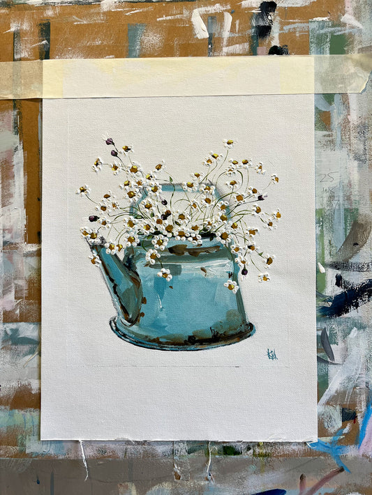 Daisies in Blue Tea Pot Painted in Acrylic on Cotton Canvas roslynmary art.