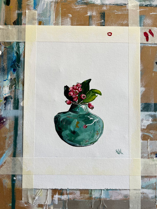 Crab Apple Blossoms in Green Ceramic Vase Painted in Acrylic on Cotton Canvas roslynmary art.