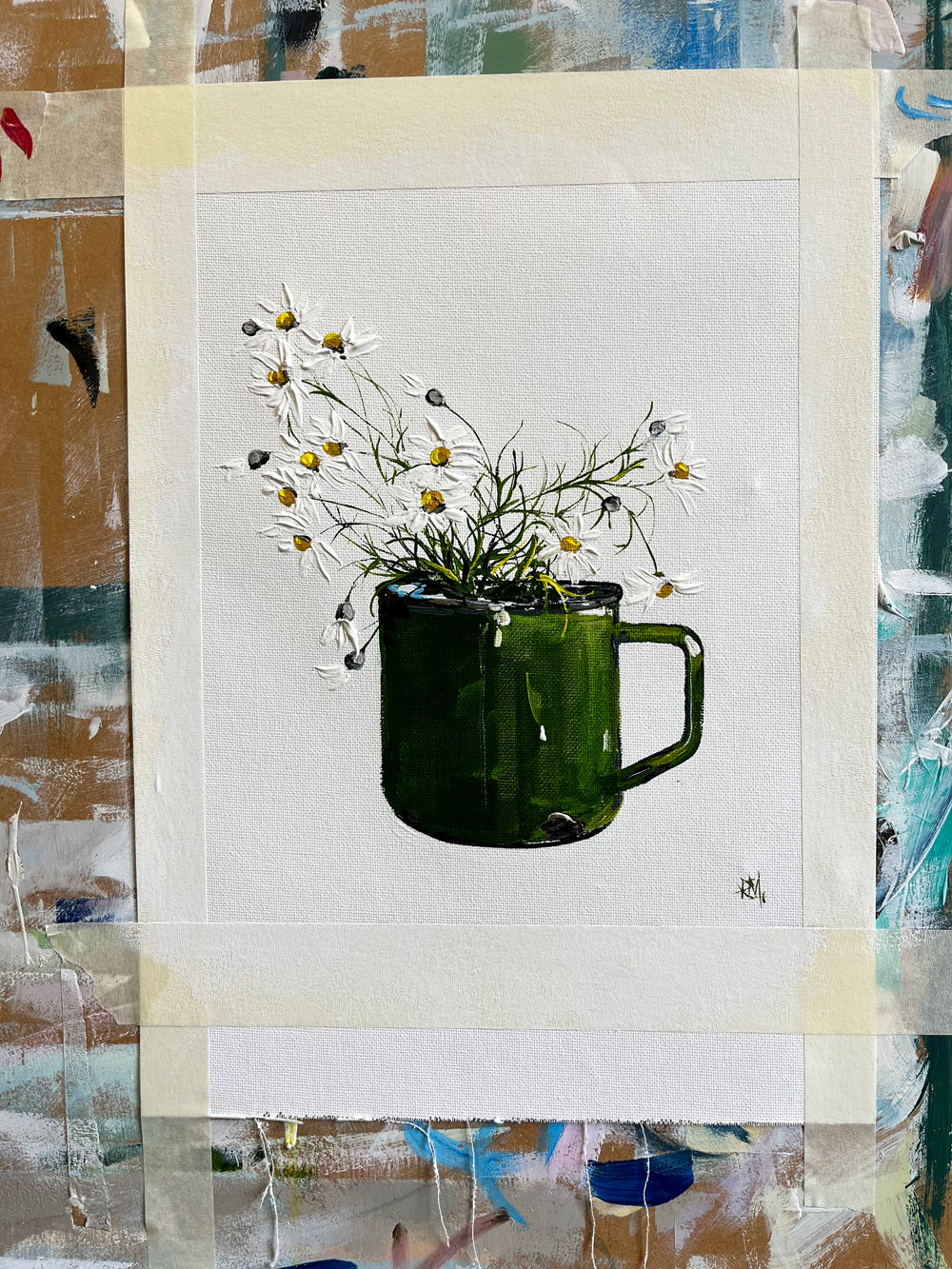 Daisies in Green Enamel Cup Painted in Acrylic on Cotton Canvas Easel roslynmary art.
