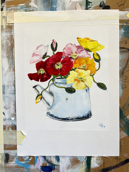 Poppies in Tea Painted in Acrylic on Cotton Canvas on Easel roslynmary art.