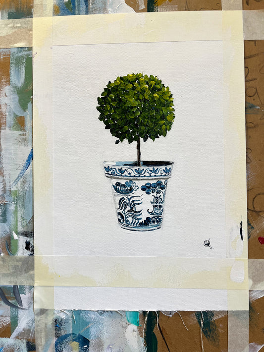 Standard English Box Topiary in China Pot Painted in Acrylic on Cotton Canvas on Easel roslynmary art.