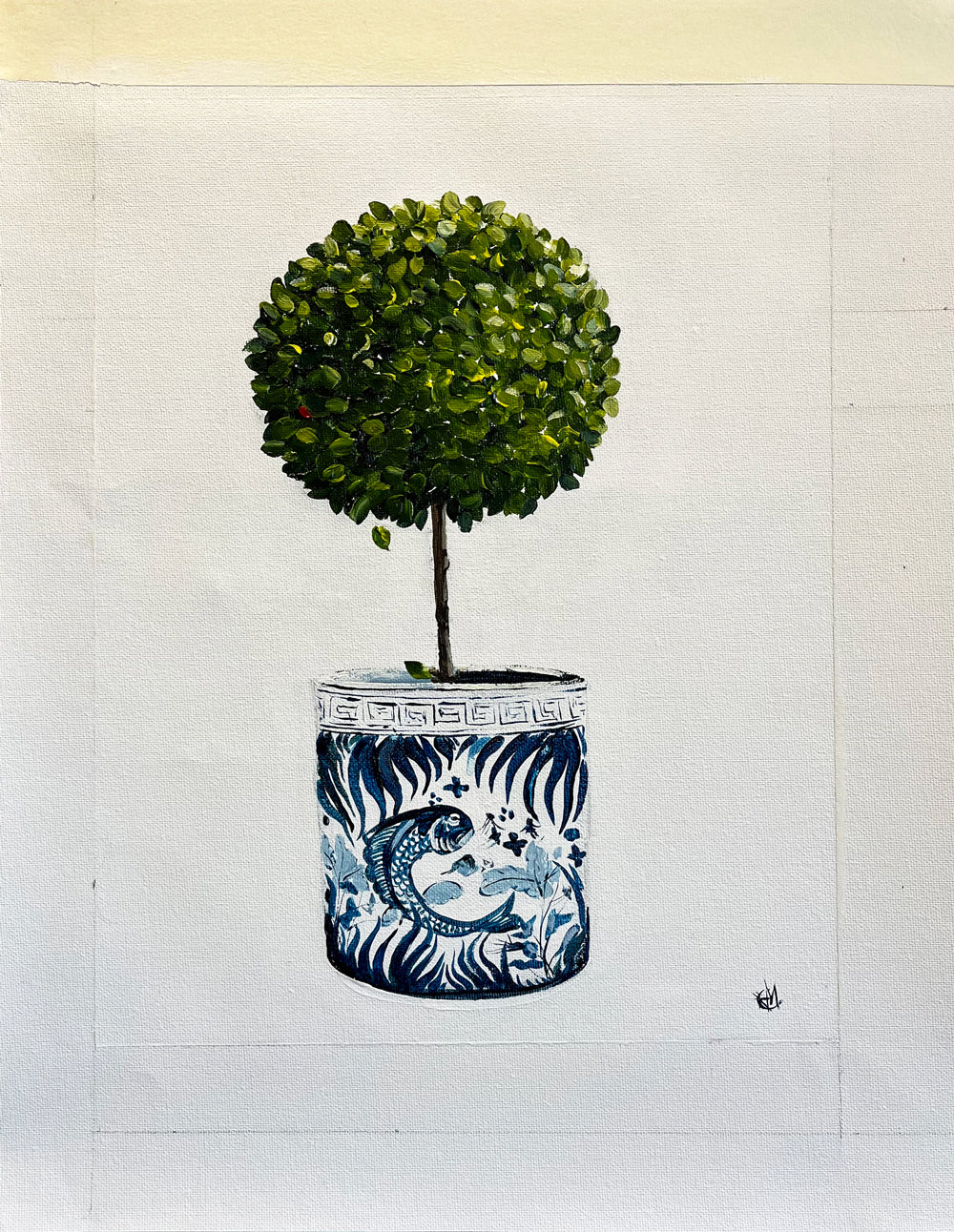 Standard English Box Topiary in China Pot Painted in Acrylic on Cotton Canvas with Border roslynmary art.