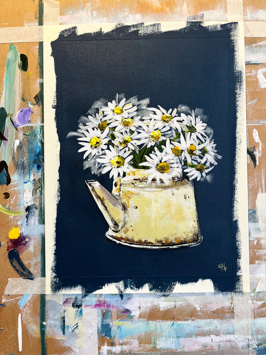 Painting of Daisies in Tea Painted in Acrylic on Cotton Canvas on Easel roslynmary art.