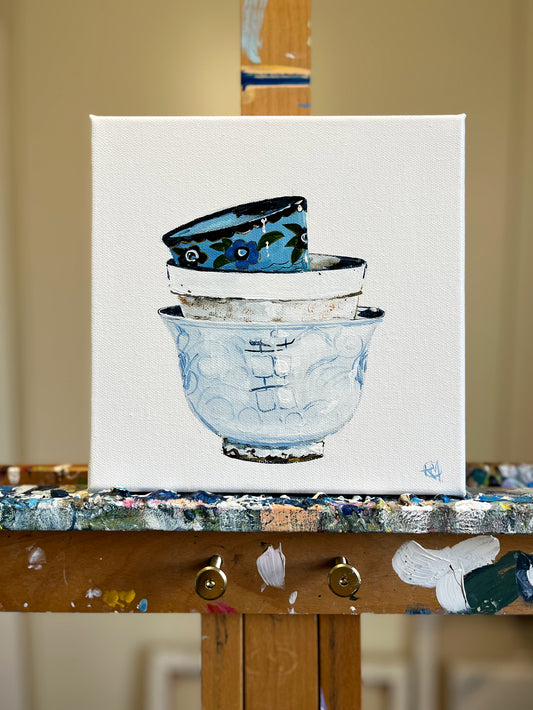 Painting of Stacked Bowls Painted in Acrylic on Stretched Canvas on Easel roslynmary art.