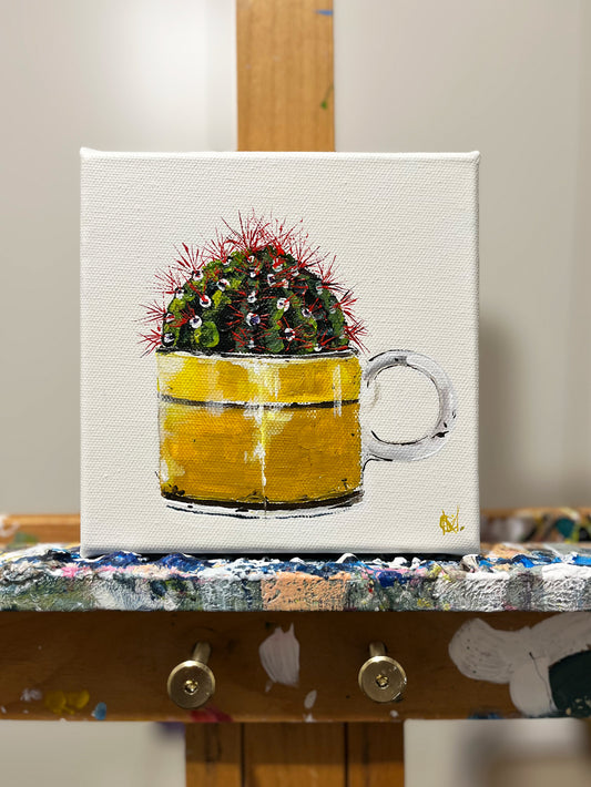 Painting of Cactus in Yellow Ceramic Cup Painted in Acrylic on Stretched Canvas on Easel roslynmary art.