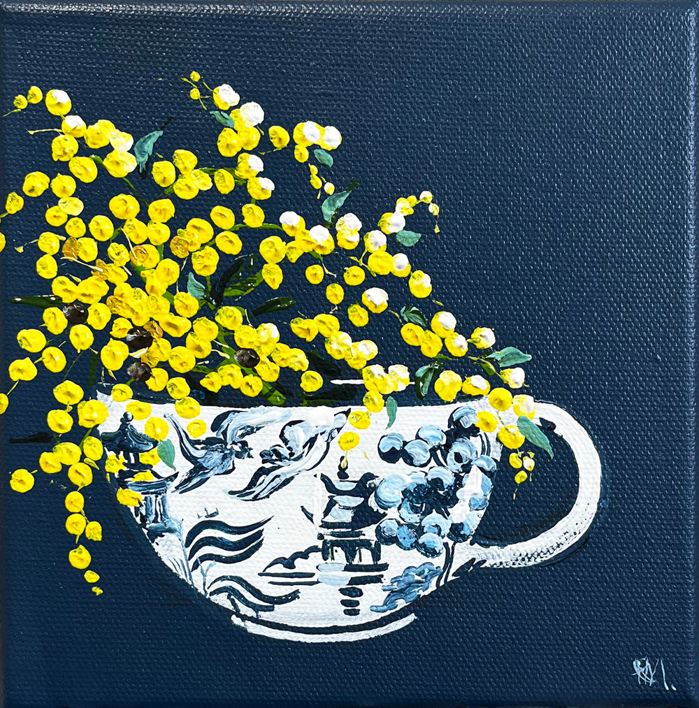 Painting of Wattle in Ceramic China Cup Painted in Acrylic on Stretched Canvas roslynmary art.