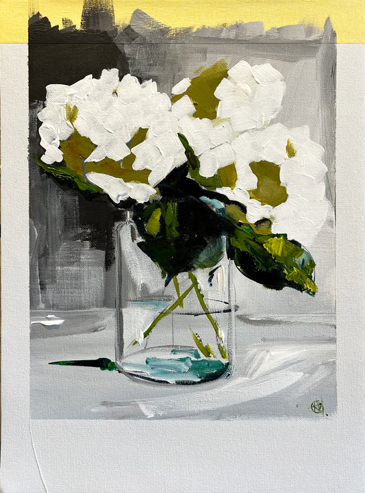 White Hydrangeas in Glass Vase Painted in Acrylic on Cotton Canvas with Border roslynmary art.