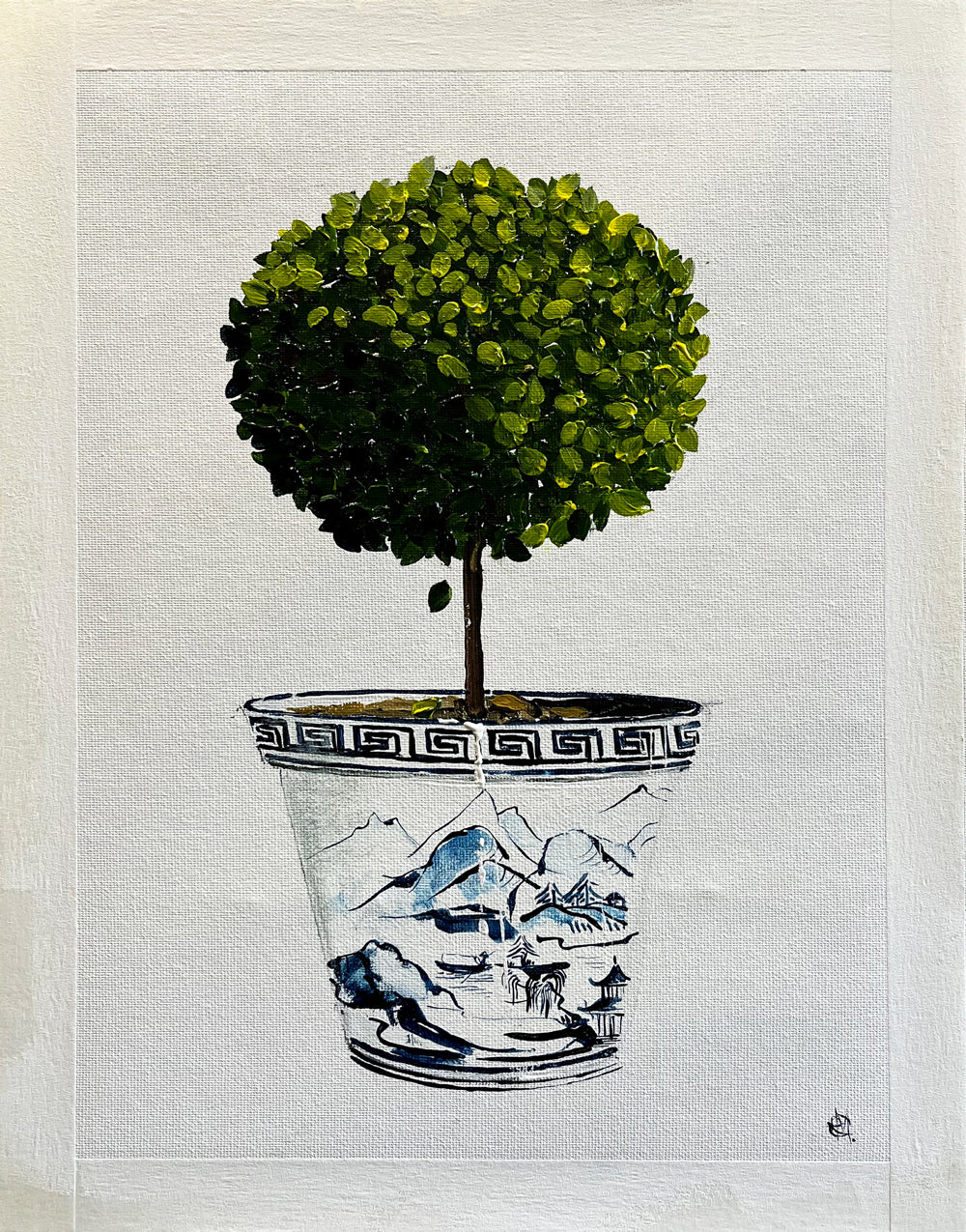 Standard English Box Topiary in China Pot Painted in Acrylic on Cotton Canvas with Border roslynmary art.