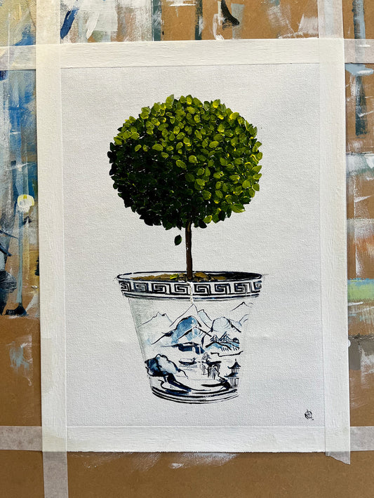 Standard English Box Topiary in China Pot Painted in Acrylic on Cotton Canvas on Easel roslynmary art.