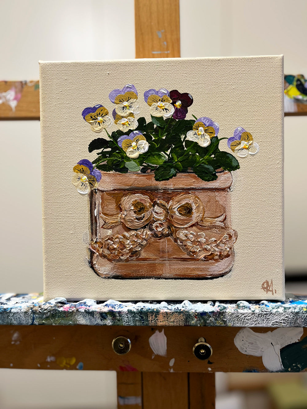 Violets in Terracotta Pot Painted in Acrylic on Stretched Canvas on Easel roslynmary art.