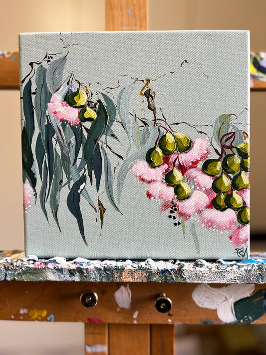 Eucalyptus Blossom Painted in Acrylic on Stretched Canvas on Easel roslynmary art.