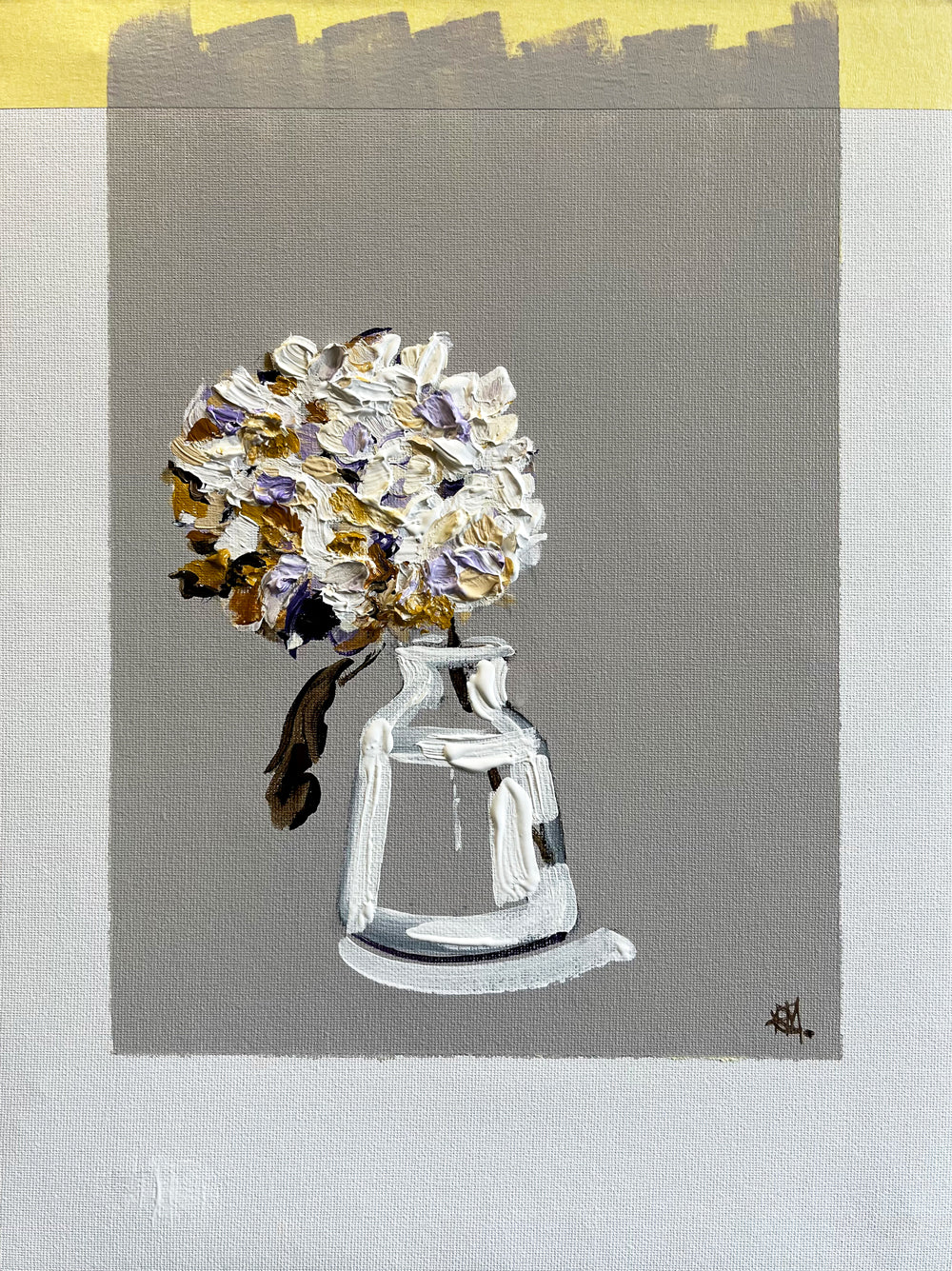 Hydrangea in Glass Vase Painted in Acrylic on Cotton Canvas with border roslynmary art.