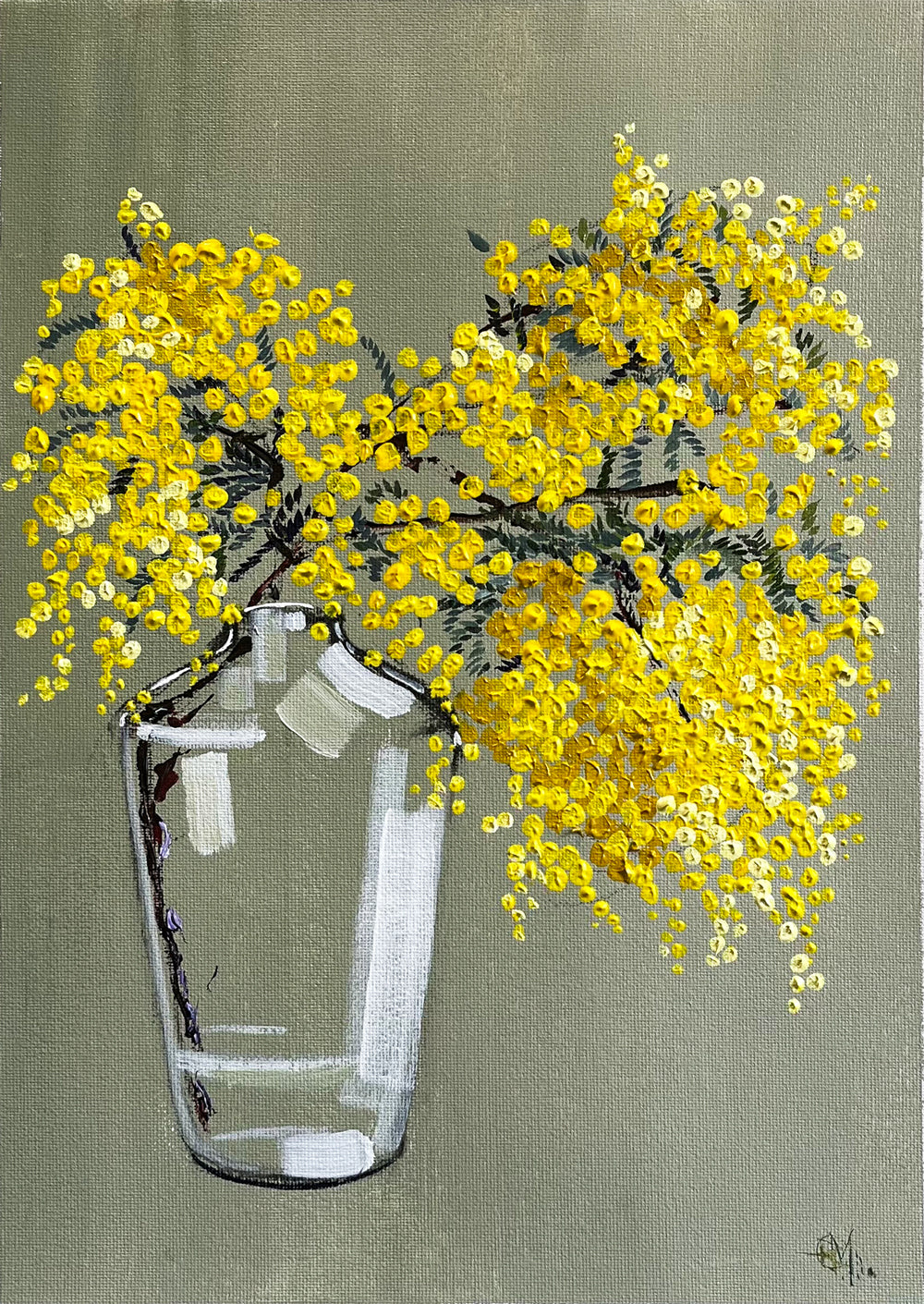 Painting of Golden Wattle in Tall Glass Vase Painted in Acrylic on Cotton Canvas roslynmary art.