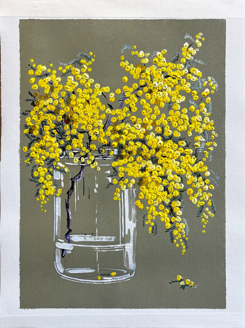 Painting of Golden Wattle in Glass Jar Painted in Acrylic on Cotton Canvas with Border roslynmary art.