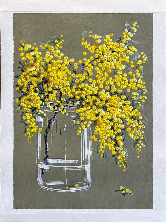 Painting of Golden Wattle in Glass Jar Painted in Acrylic on Cotton Canvas with Border roslynmary art.