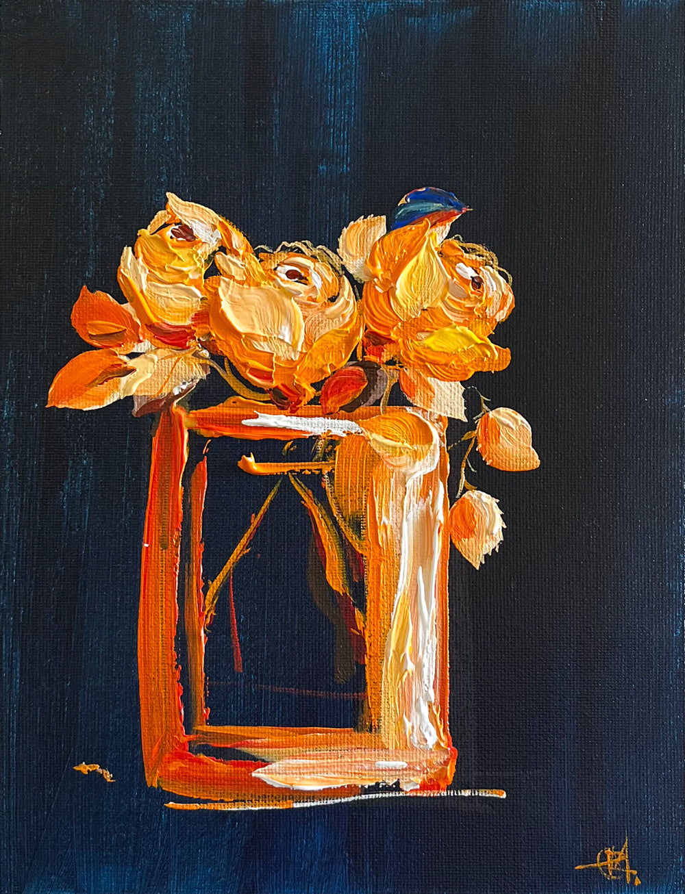 Painting of Abstract Orange Roses on Dark Navy Background Painted in Acrylic on Cotton Canvas roslynmary art.