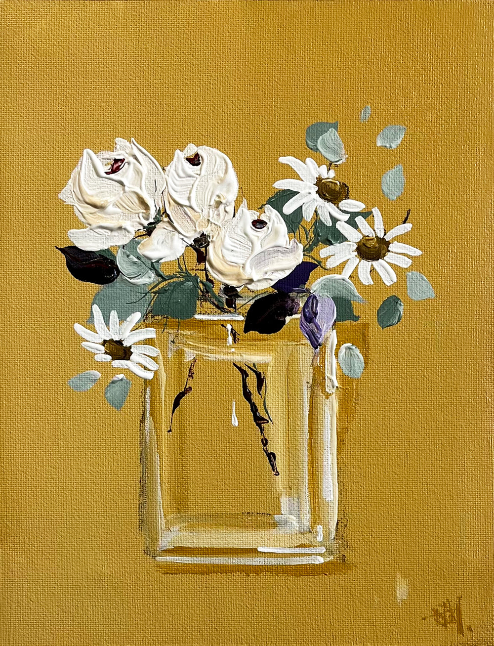 Painting of White Roses & Daisies Painted in Acrylic on Cotton Canvas roslynmary art.