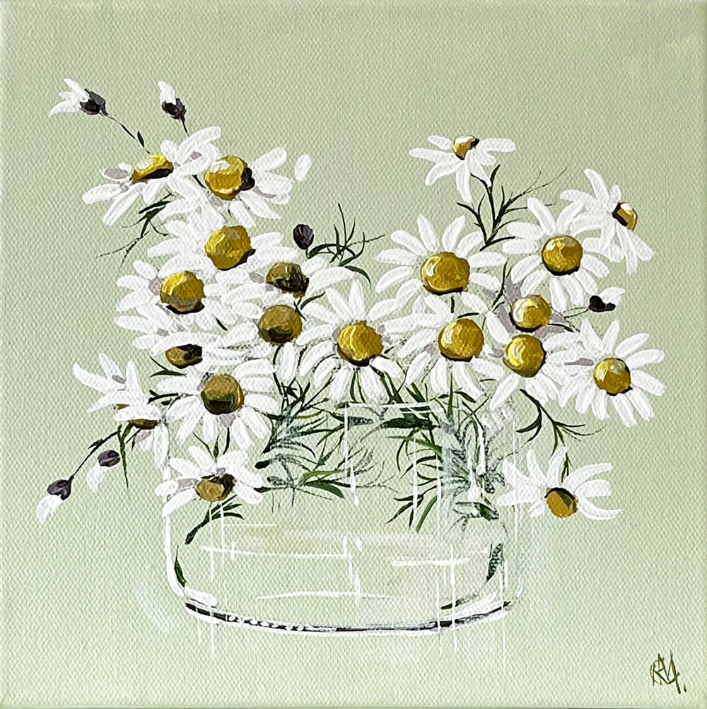 Painting of Daisies in Glass Vase Painted in Acrylic on Stretched Canvas roslynmary art.
