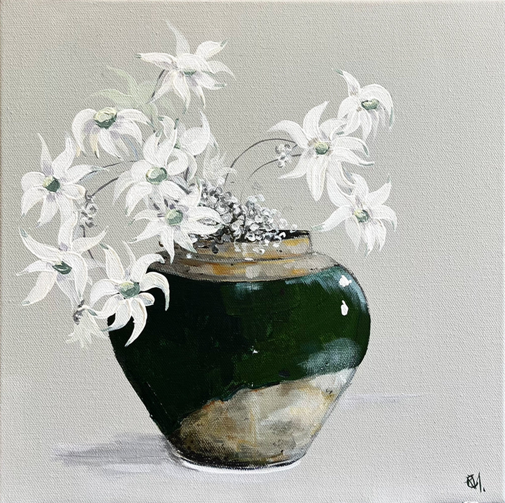 Painting of Daisies in Ceramic Jar Painted in Acrylic on Stretched Canvas roslynmary art.