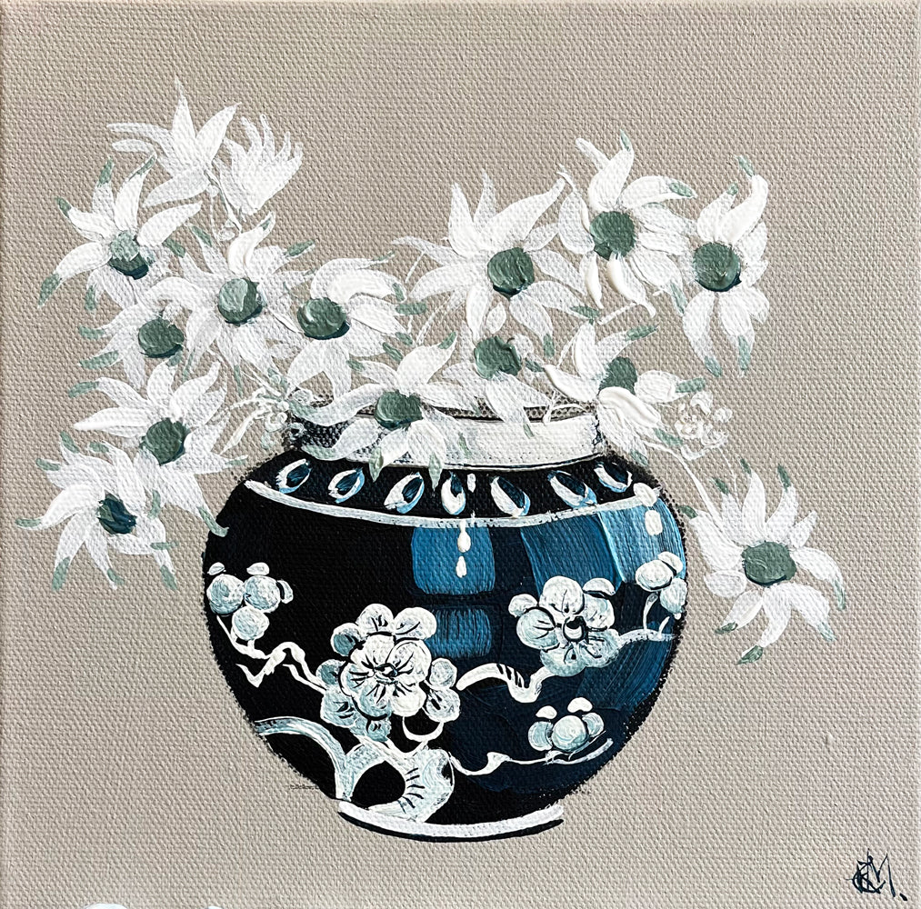 Painting of Daisies in China Vase Painted in Acrylic on Stretched Canvas roslynmary art.