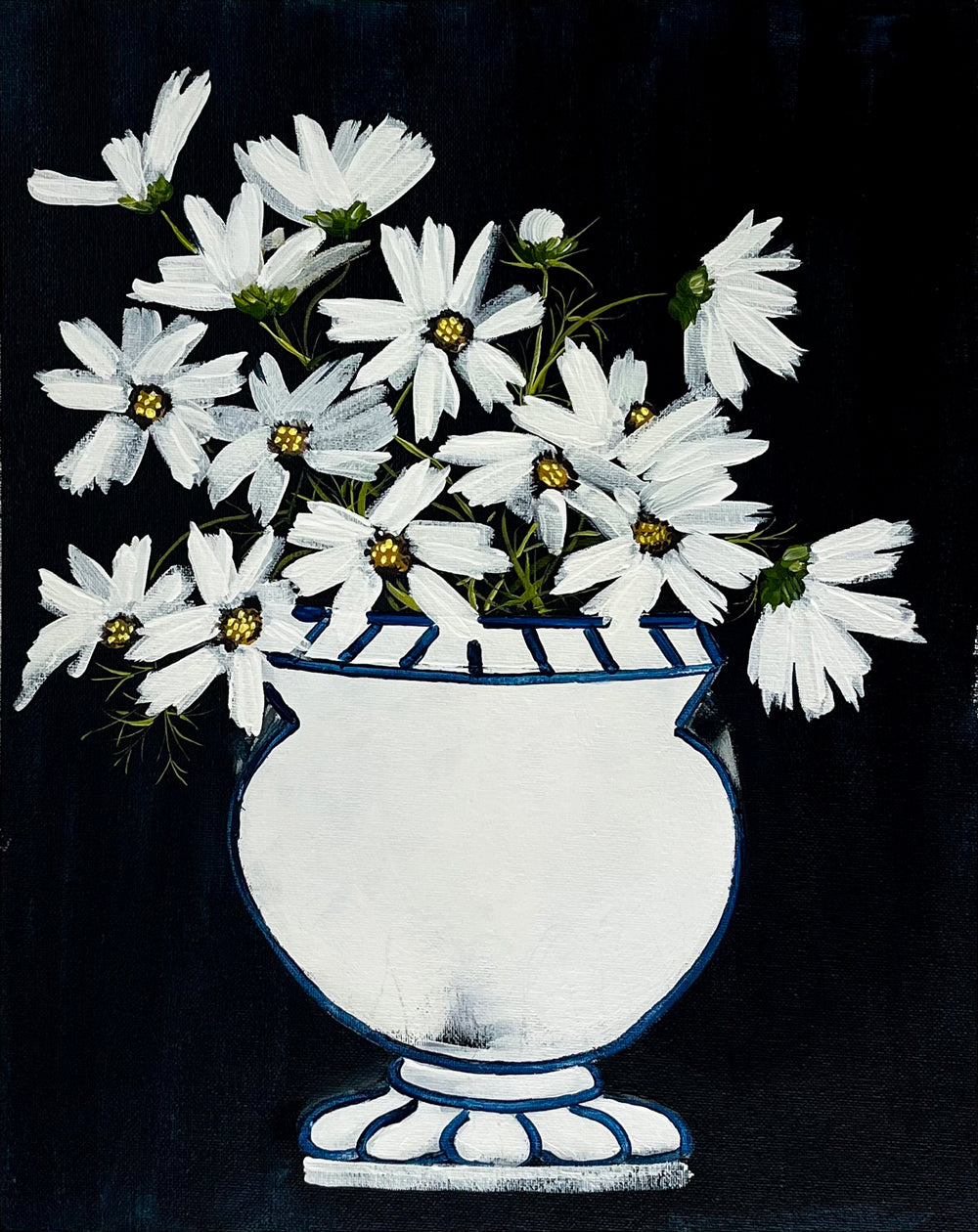 White Daisies in White Vase on Navy Background Painted in Acrylic on Cotton Canvas roslynmary art.