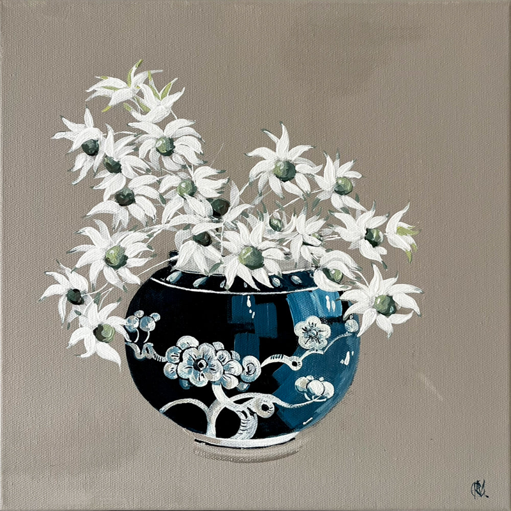 Painting of Daisies in China Vase Painted in Acrylic on Stretched Canvas roslynmary art.