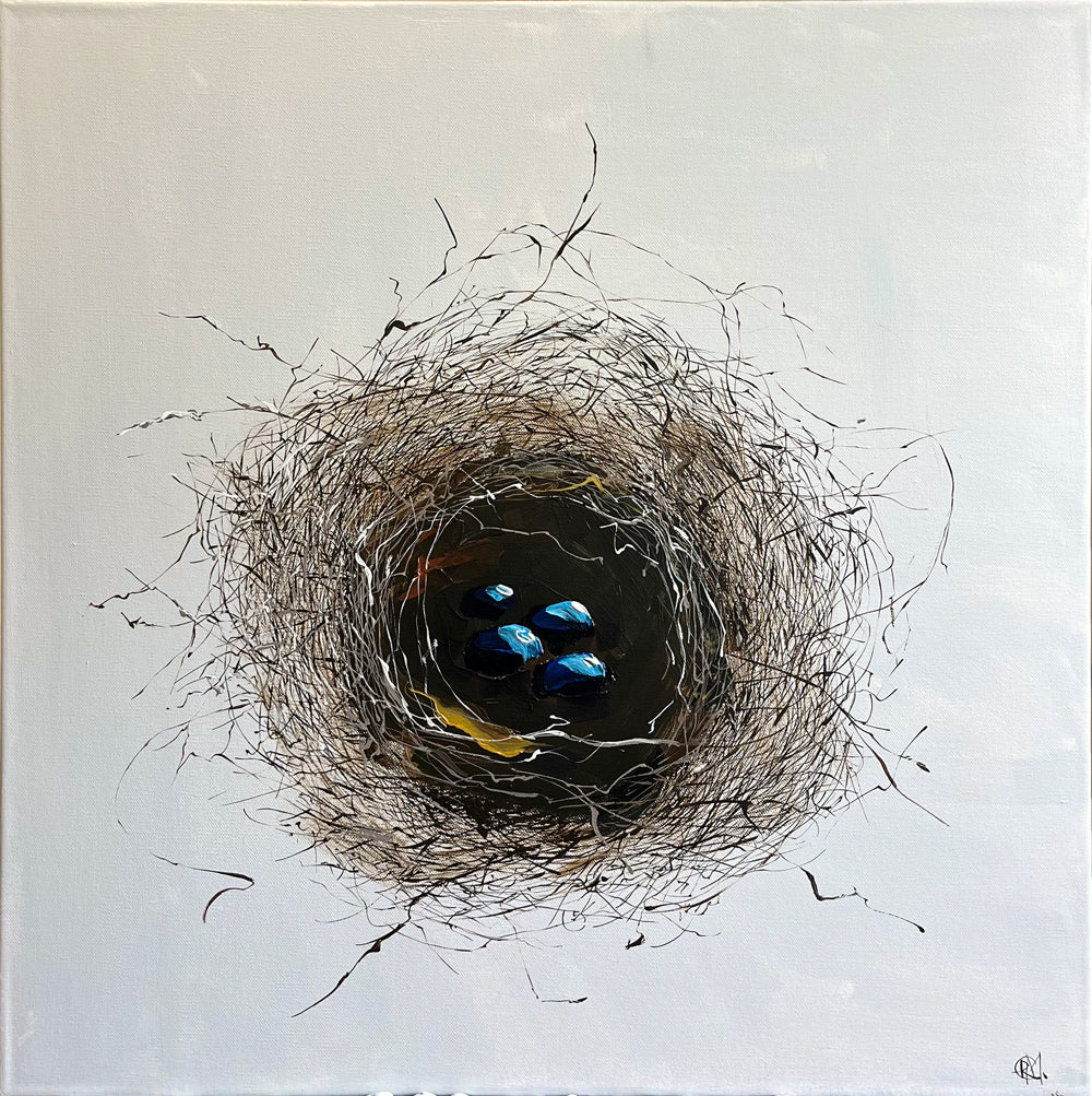 Painting of Nest on Subtle Washed Blue Background Painted in Acrylic on Stretched Canvas roslynmary art.