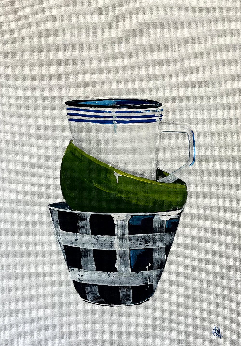 Stack of Ceramic Cups & Bowls Painted in Acrylic on Cotton Canvas roslynmary art.