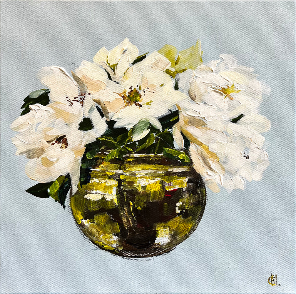 Painting of Camellias in Golden Vase Painted in Acrylic on Cotton Canvas roslynmary art.