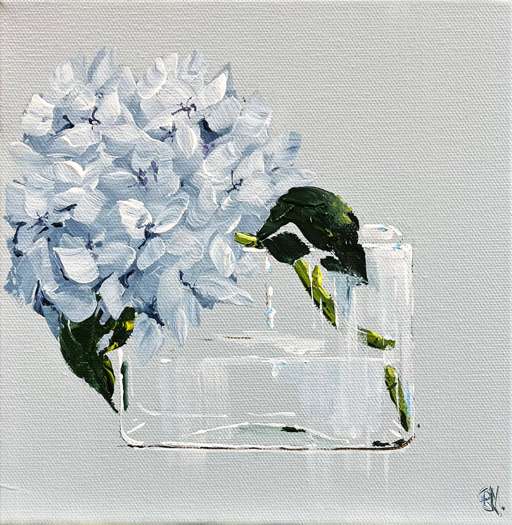 Painting of Pale Blue Hydrangea in Glass Vase Painted in Acrylic on Stretched Canvas roslynmary art.
