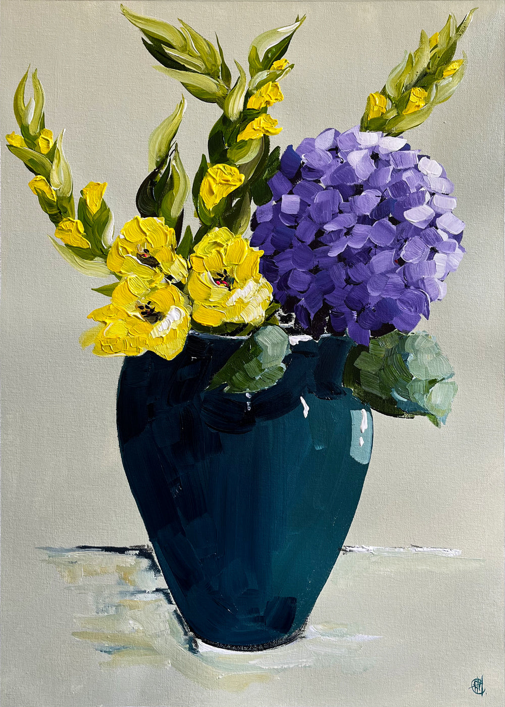 Painting of Hydrangea in Ceramic Vase Painted in Acrylic on Stretched Canvas roslynmary art.
