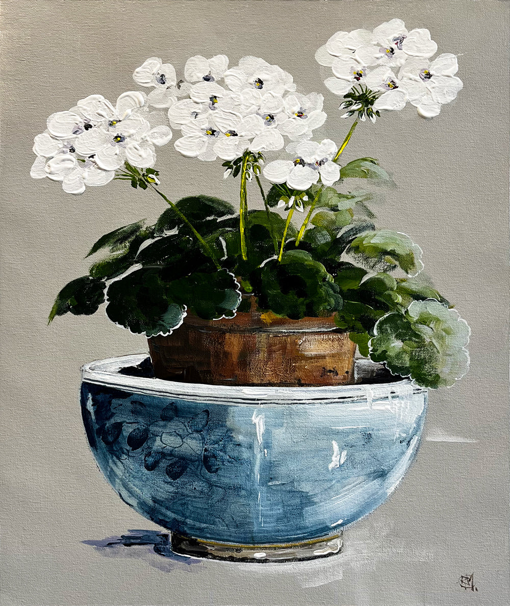 Painting of White Geraniums in Terracotta Pot Painted in Acrylic on Cotton Canvas roslynmary art.