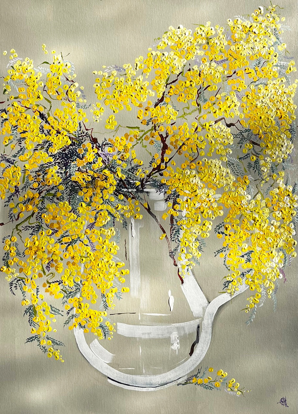 Painting of Wattle in Glass Jug Painted in Acrylic on Cotton Canvas roslynmary art.