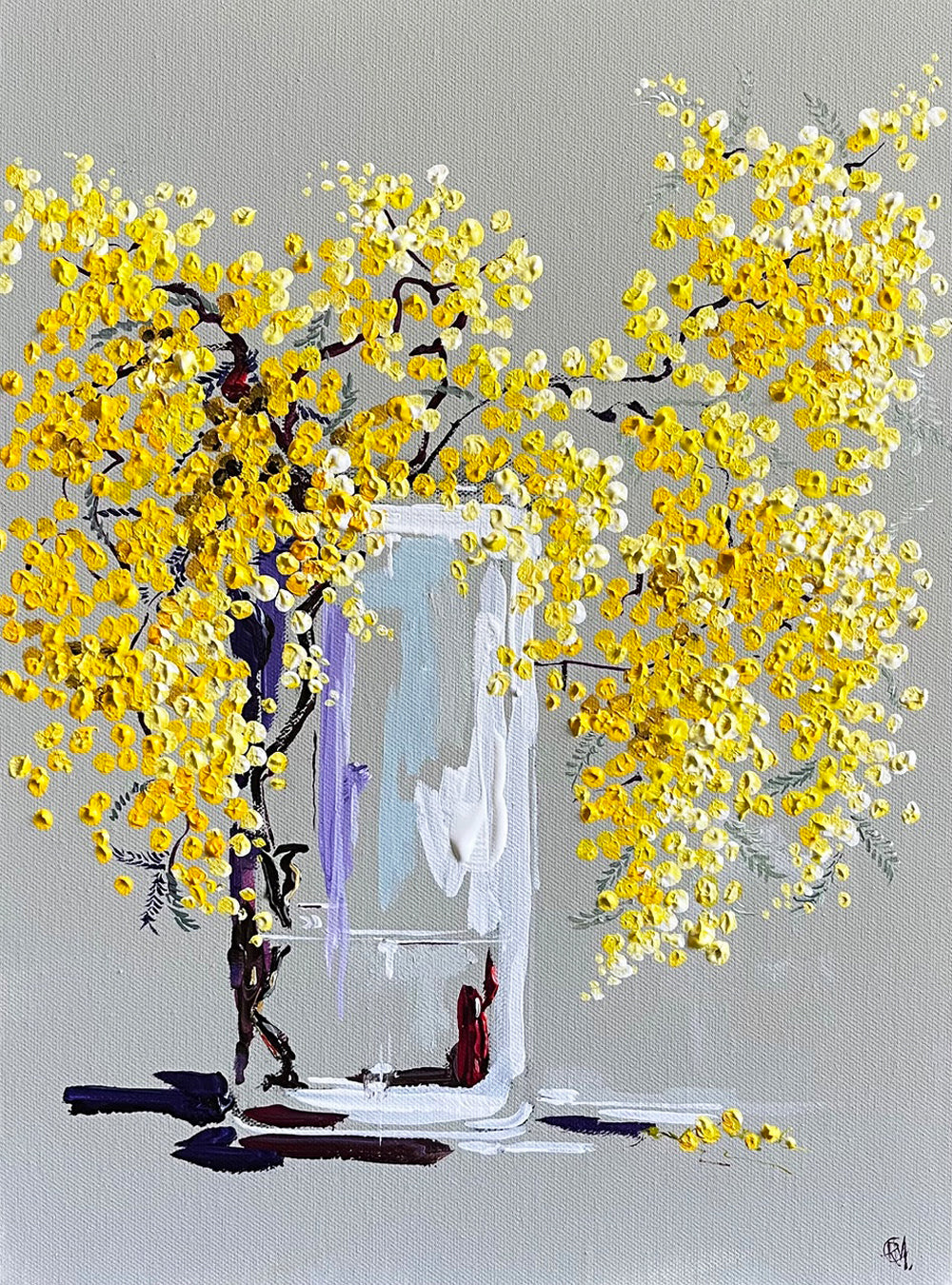 Painting of Wattle in Tall Glass Vase Painted in Acrylic on Cotton Canvas roslynmary art.