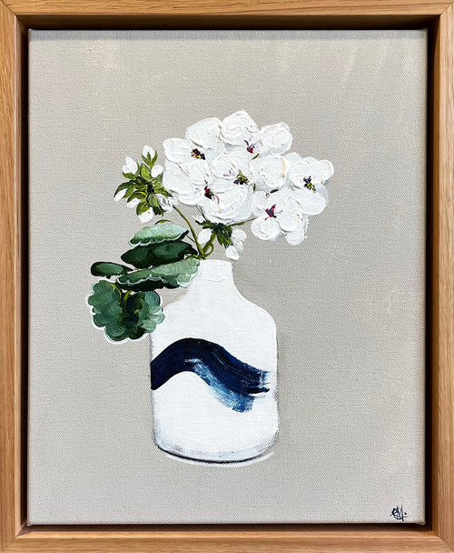 Framed Painting of White Geranium in Blue and White Ceramic Vase Painted in Acrylic on Cotton Canvas roslynmary art.