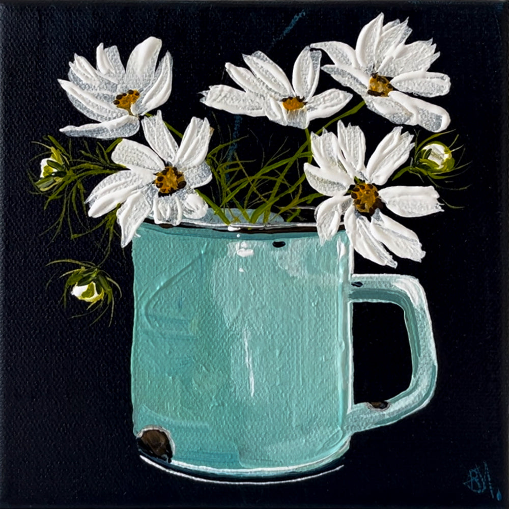 'Cosmos Daisies & Enamel Mugs' #1739 roslynmary art.