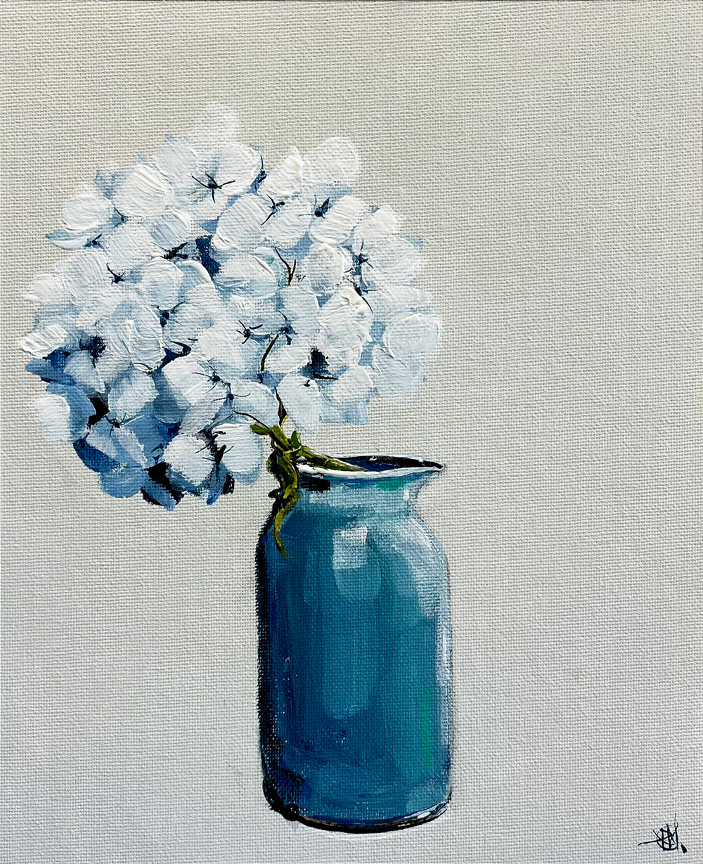 Painting of a blue vase with white flowers on a gray background