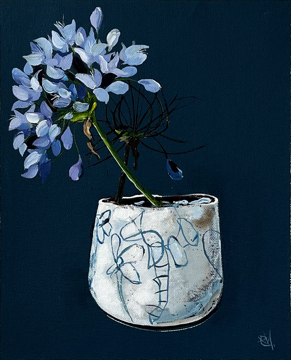 Painting of Blue Hydrangea in Ceramic Vase Painted in Acrylic on Cotton Canvas