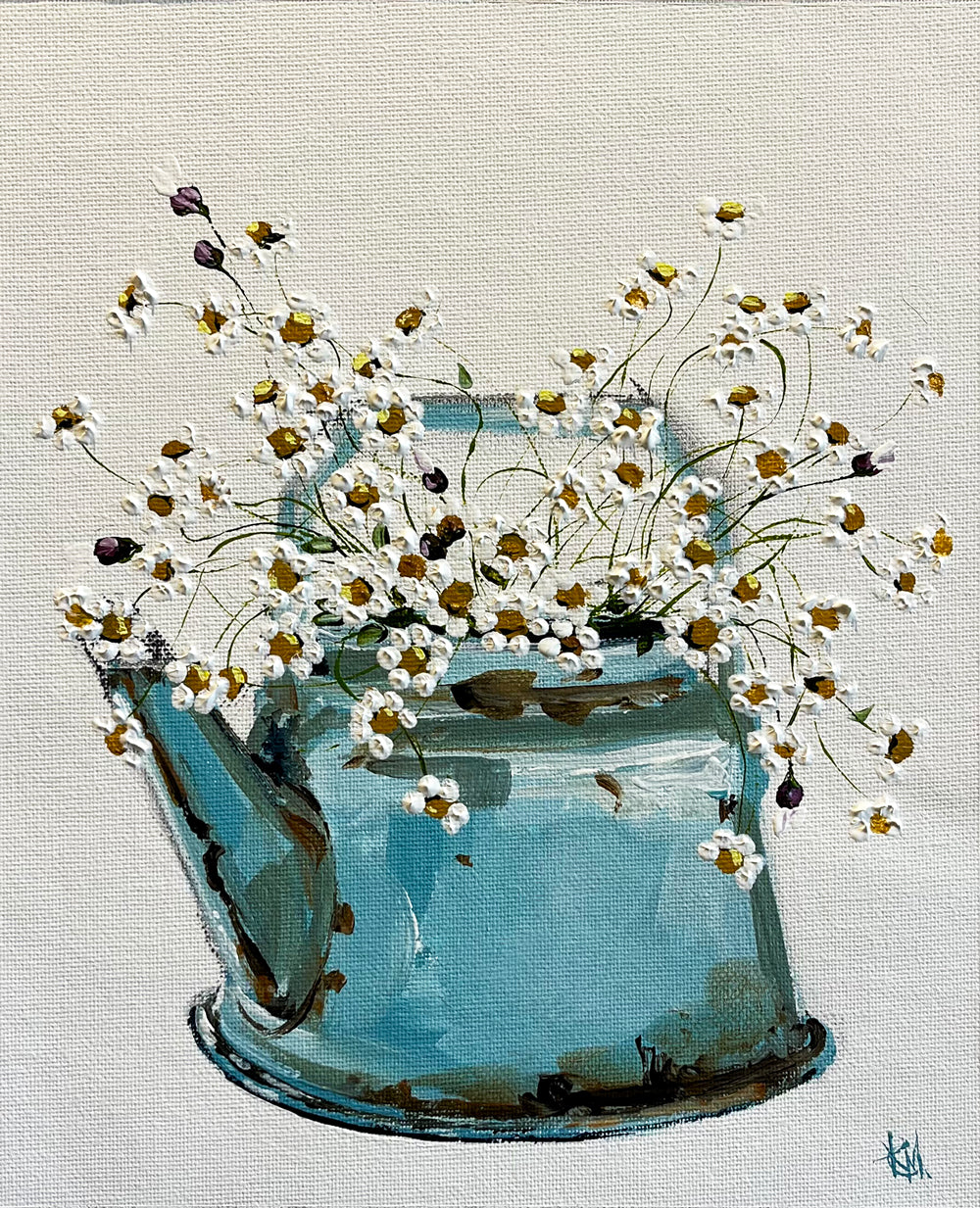 Daisies in Blue Tea Pot Painted in Acrylic on Cotton Canvas roslynmary art.