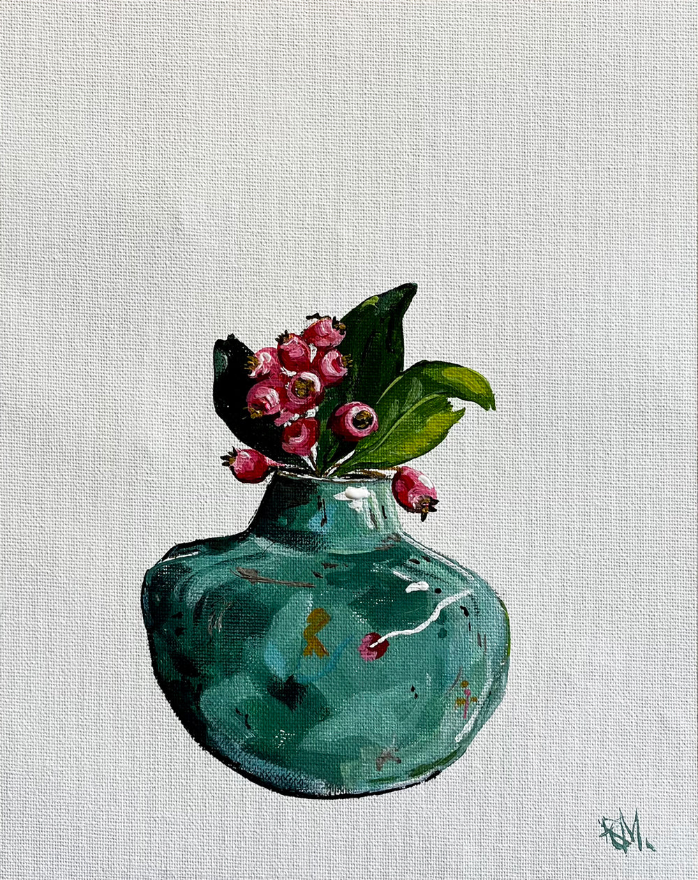 Crab Apple Blossoms in Green Ceramic Vase Painted in Acrylic on Cotton Canvas roslynmary art.