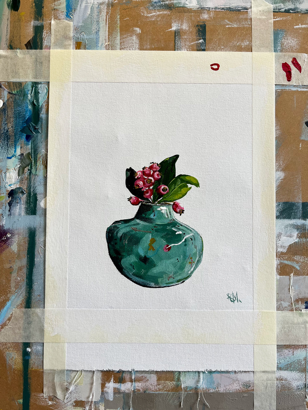 Crab Apple Blossoms in Green Ceramic Vase Painted in Acrylic on Cotton Canvas roslynmary art.