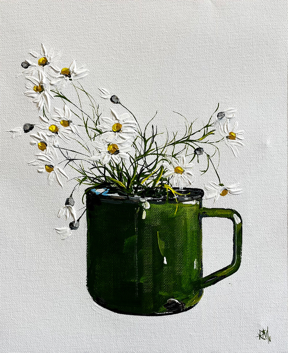 Daisies in Green Enamel Cup Painted in Acrylic on Cotton Canvas roslynmary art.