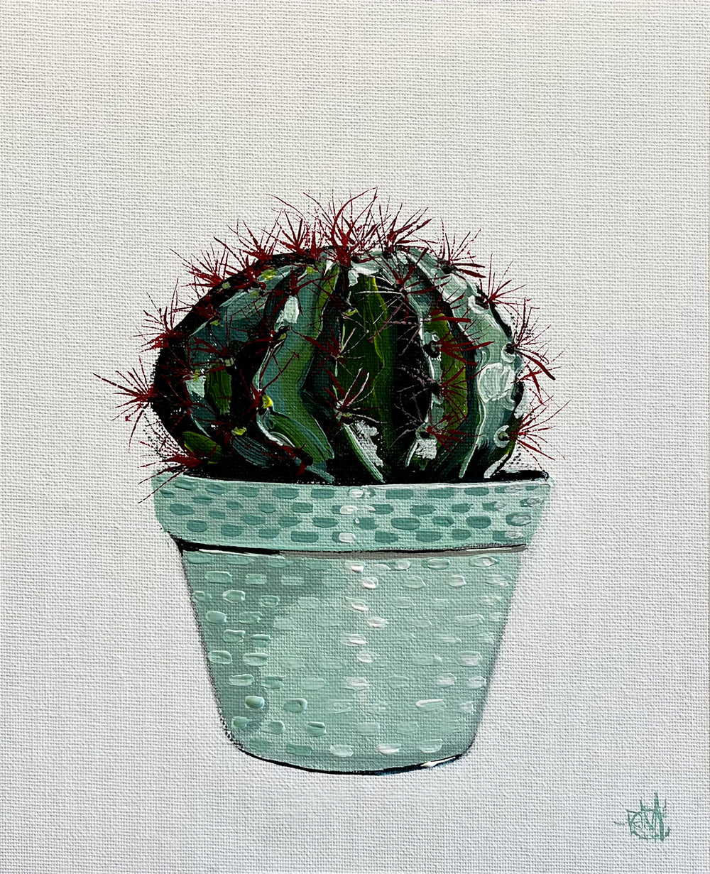 Cactus in Green Pot Painted in Acrylic on Cotton Canvas roslynmary art.