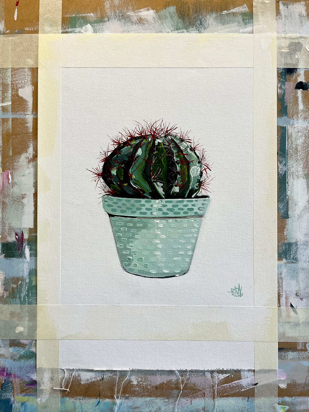 Cactus in Green Pot Painted in Acrylic on Cotton Canvas Easel roslynmary art.