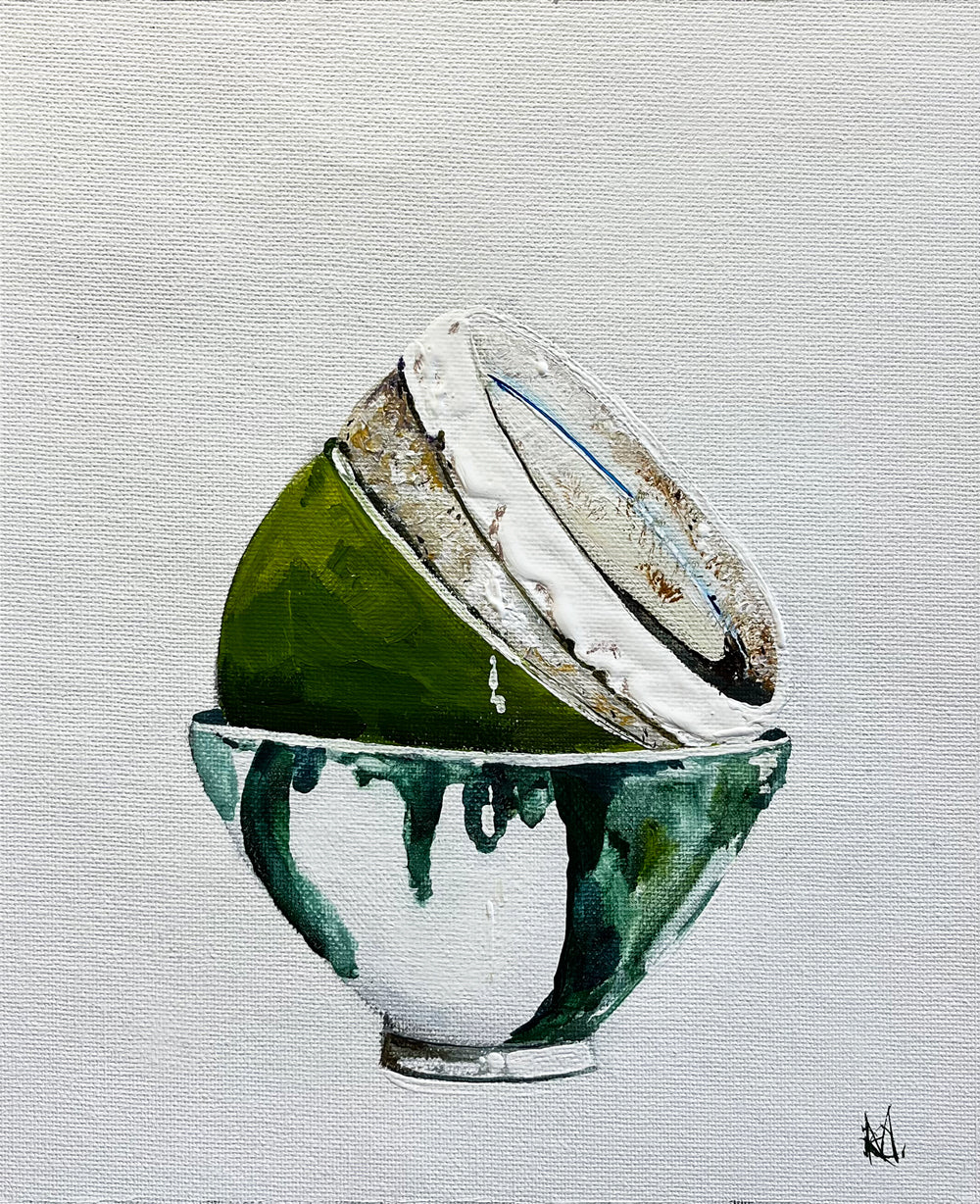 Stacked Green Bowls Painted in Acrylic on Cotton Canvas roslynmary art.