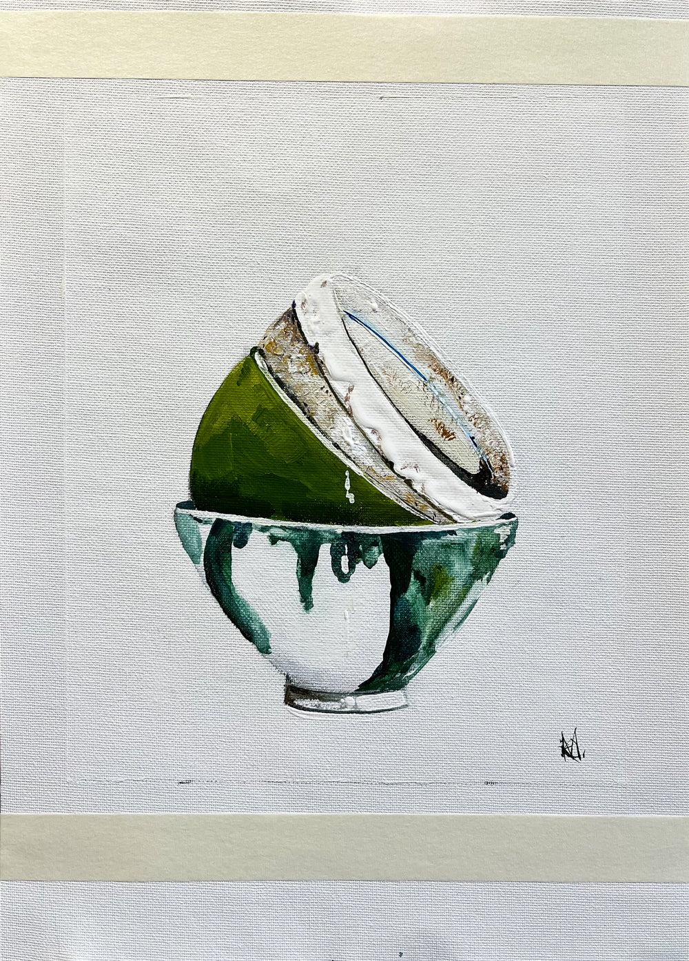 Stacked Green Bowls Painted in Acrylic on Cotton Canvas with Border roslynmary art.